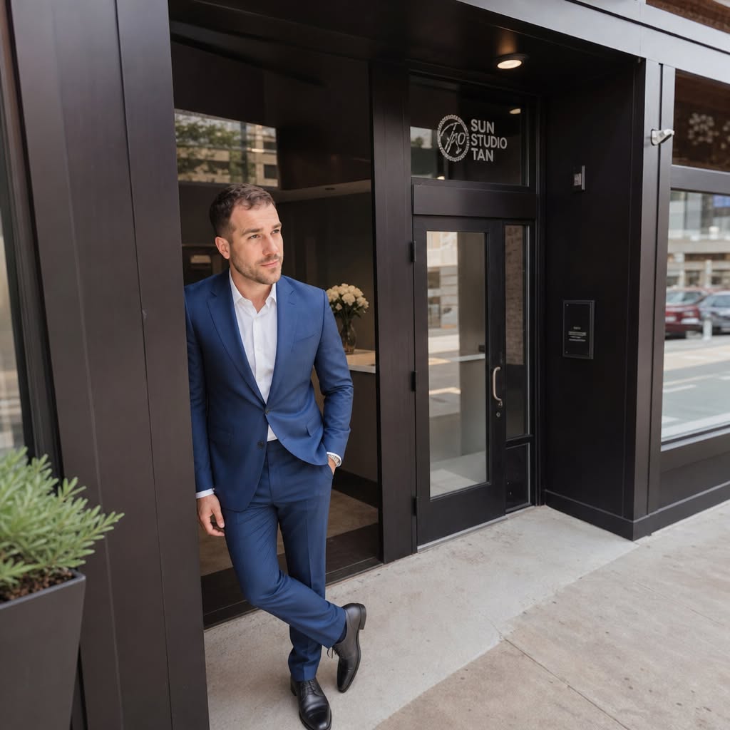 Joey Anthony, founder and owner of Sun Studio Tan, outside the studio entrance